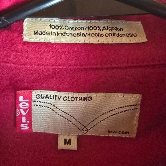 Levis Mens Medium Red Cotton Flannel Button Up Shirt Long Sleeve Workwear M - Picture 6 of 16